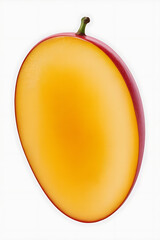 A mango half, vibrant orange flesh, red skin.
