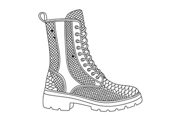 Stylish combat boots, detailed design, black and white.
