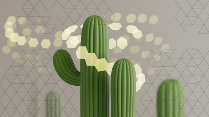 Two green cacti, illuminated with light, in a geometric background.
