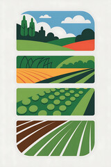 Four stages of a farm cycle, from field preparation to harvest.
