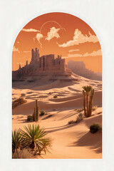 Desert landscape, ancient ruins, warm sunset hues.
