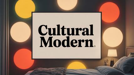 Cultural Modern logo on a framed poster, lit by colorful circles.
