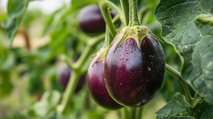Close up of eggplant fruit growing on the vine plant