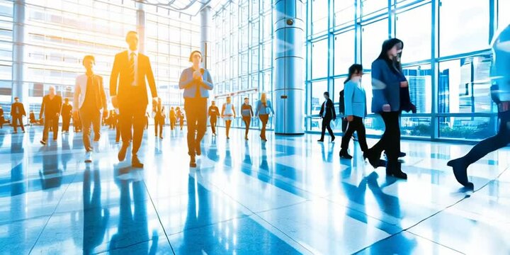 Enterprise style web video of coworkers entering the office and walking toward their workstations 