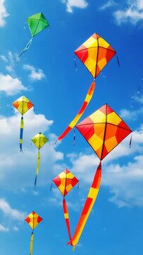 Vivid kites soaring high across a brilliant blue summer sky, fluttering gracefully in a continuous looping animation without any people or hands visible.