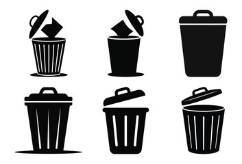 Collection of black silhouette icons representing different types of trash cans and bins