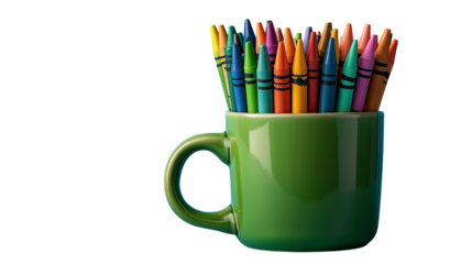 Green mug filled with colorful crayons, isolated on transparency background, vibrant and creative, perfect for art supplies or children drawing activities