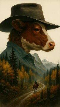 Surreal video concept of a cow with a hat and shirt, blending into a mountain landscape. Low-angle view enhances the imaginative scene. Live mobile wallpaper.