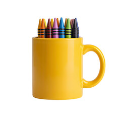 Colorful crayons yellow mug transparency background vibrant art supplies creative tools stationery drawing coloring craft artistic marker paint design illustration hobby education school supplies