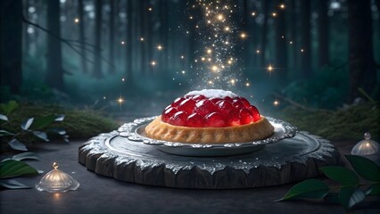 Magical Cherry Tart with Sparkling Fairy Dust in Enchanted Forest