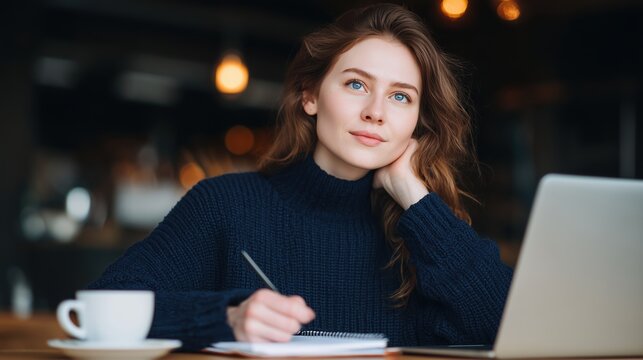 A focused woman, sitting in a cafe, is deep in thought as she works, notebook open with a pen in hand. A coffee cup sits beside a laptop on the table. The scene evokes the ambiance of a cafe setting.