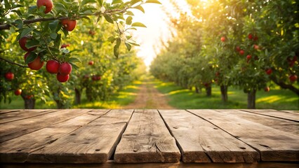 Rustic Wooden Table in Front of Apple Orchard at Golden Hour &ndash; Harvest Background