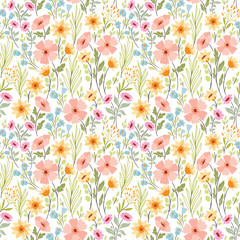 Multi Colour Flat Beautiful Daisies and Wild Flower Garden Pattern