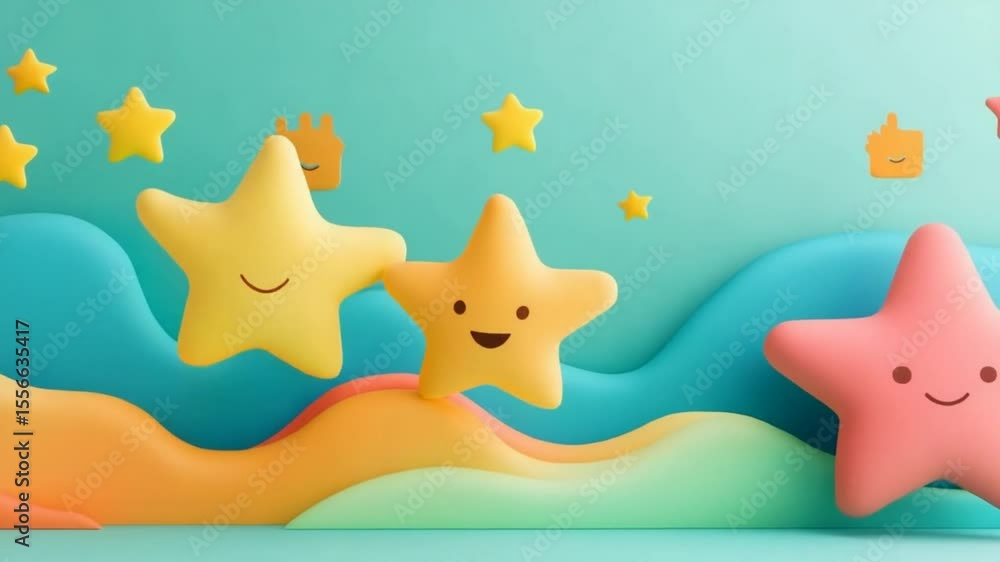 Poster delightful 3d animation of smiling stars floating on whimsical pastel waves background