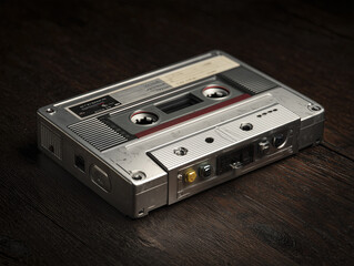 Obraz premium Vintage cassette tape recorder on dark wooden surface, showing retro design with metal and plastic parts, buttons, and dials, evokes nostalgia and classic audio technology