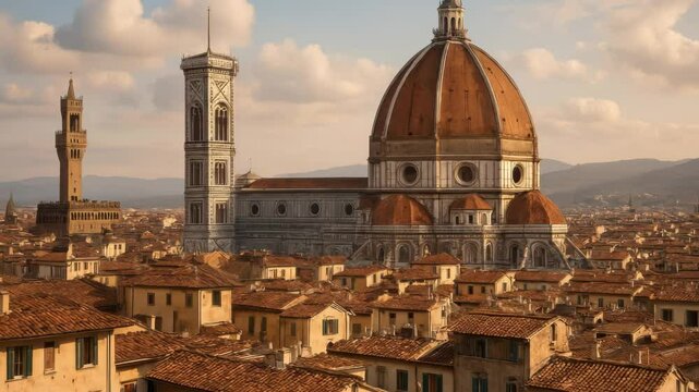Aerial view of Florence's iconic Duomo at sunset, capturing historic architecture and terracotta rooftops, perfect for a travel video backdrop. Live desktop wallpaper.