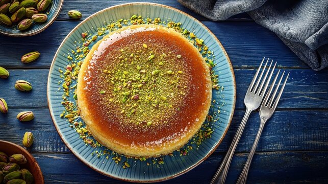 Sweet kunafa dessert with pistachios and syrup on a blue plate