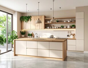Fototapeta premium Japandi Minimalist Kitchen Interior with Oak and Ceramic Accents