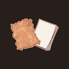 Done is Better Than Perfect—messy yet finished paper next to blank ideal paper, with thick white sticker-style outline around the design, solid black background, high contrast, centered composition