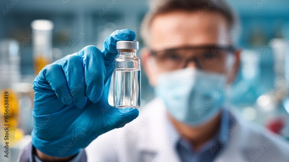 Poster close-up of gloved hands holding a clear vial in a laboratory setting with blurred background elemen
