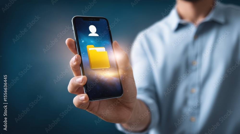 Poster man holding smartphone displaying innovative ai chatbot interface with folder icon against blurred b