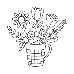 Hand drawn line art bouquet of flowers in a mug isolated on white background