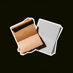 Done is Better Than Perfect—messy yet finished paper next to blank ideal paper, with thick white sticker-style outline around the design, solid black background, high contrast, centered composition