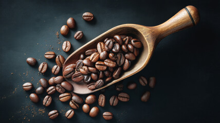 Fototapeta premium Dark Coffee Beans Spilling from Wooden Scoop on Black Background Creating a Rich, Inviting Visual Experience