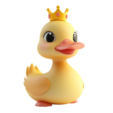 Cute cartoon duck wearing a crown isolated on transparent background.