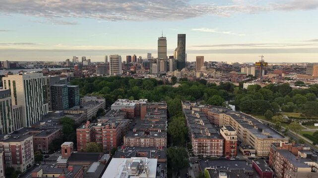 Aerial view of Downtown Buildings of Boston during sunset at summer