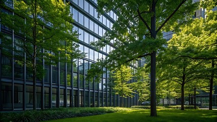 Obraz premium Exterior view of a modern building with glass facade surrounded by green trees and lawn area