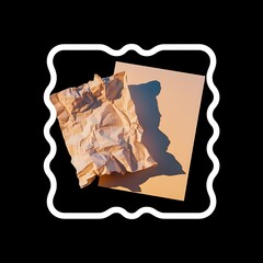 Done is Better Than Perfect—messy yet finished paper next to blank ideal paper, with thick white sticker-style outline around the design, solid black background, high contrast, centered composition