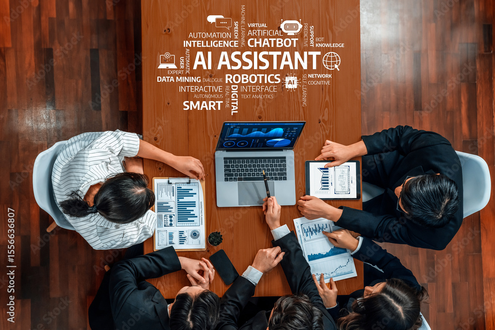 Poster a group of professionals collaborate in a modern office, analyzing data on a laptop while discussing