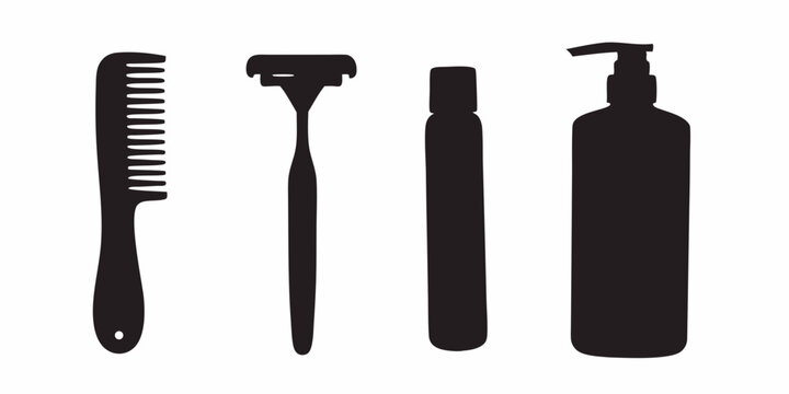 Personal care hygiene grooming essentials comb razor bottle soap dispenser silhouette vector graphic