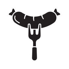 Sausage on fork food grilled meat frankfurter bratwurst snack delicious pork barbecue dinner appetizer breakfast vector solid glyph icon