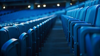 Obraz premium A perspective view of rows of empty blue stadium seats in a dimly lit indoor arena hall
