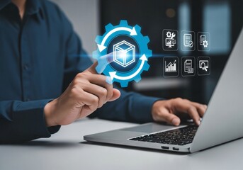 Project development concept. The process of planning, organizing and executing projects to achieve their goals. Businessman using laptop with project development icon on virtual screen.