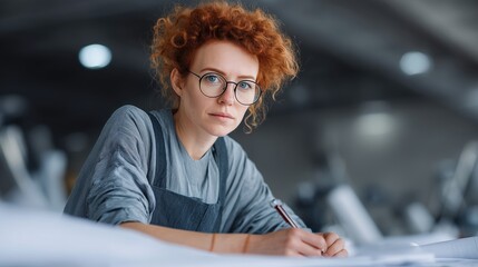A focused architect, with fiery red hair and spectacles, immersed in her architectural design project, crafting the blueprints for the future with unwavering determination.