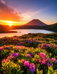 夕焼け色に染まる知床五湖、湖畔に咲き誇るハマナスの花、