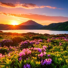 夕焼け色に染まる知床五湖、湖畔に咲き誇るハマナスの花、