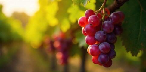 Close-up view of ripe, sun-drenched winemaker grapes hanging on the vine, ready for harvest Their vibrant color and plumpness suggest a rich, flavorful wine to come , fruit, red grapes, flora