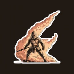 Be a Warrior, Not a Worrier—helmeted figure fighting clouds, with thick white sticker-style outline around the design, solid black background, high contrast, centered composition