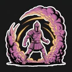 Be a Warrior, Not a Worrier—helmeted figure fighting clouds, with thick white sticker-style outline around the design, solid black background, high contrast, centered composition