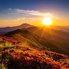 満開のハマナスが風に揺れる知床の丘、太陽が斜めから差し込む、コントラストの強い写真