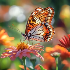 A vibrant butterfly with striking orange and white tiger-striped wings perches delicately on a bright, colorful flower in full bloom.