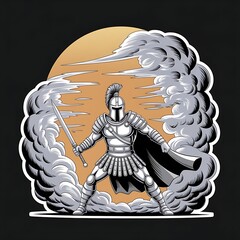 Be a Warrior, Not a Worrier—helmeted figure fighting clouds, with thick white sticker-style outline around the design, solid black background, high contrast, centered composition