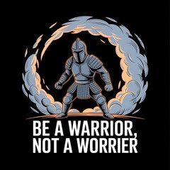 Be a Warrior, Not a Worrier—helmeted figure fighting clouds, with thick white sticker-style outline around the design, solid black background, high contrast, centered composition