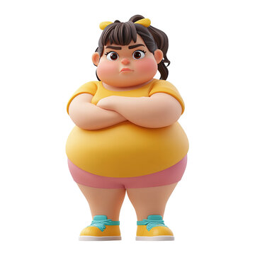 Cartoon fat character girl with arms crossed isolated on transparent background.