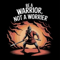 Be a Warrior, Not a Worrier—helmeted figure fighting clouds, with thick white sticker-style outline around the design, solid black background, high contrast, centered composition