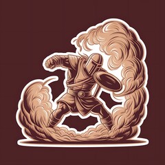 Be a Warrior, Not a Worrier—helmeted figure fighting clouds, with thick white sticker-style outline around the design, solid black background, high contrast, centered composition